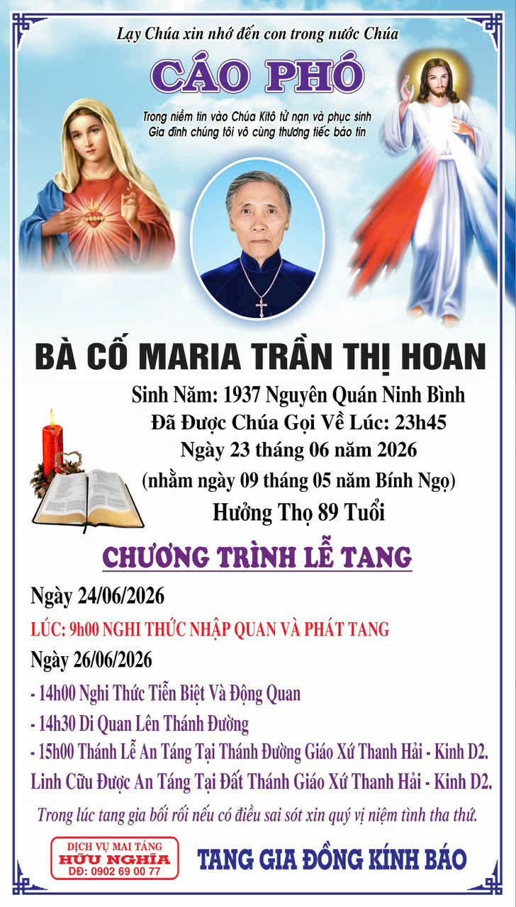 Cáo phó: linh hồn Bà Cố Maria Trần Thị Hoan mới qua đời 