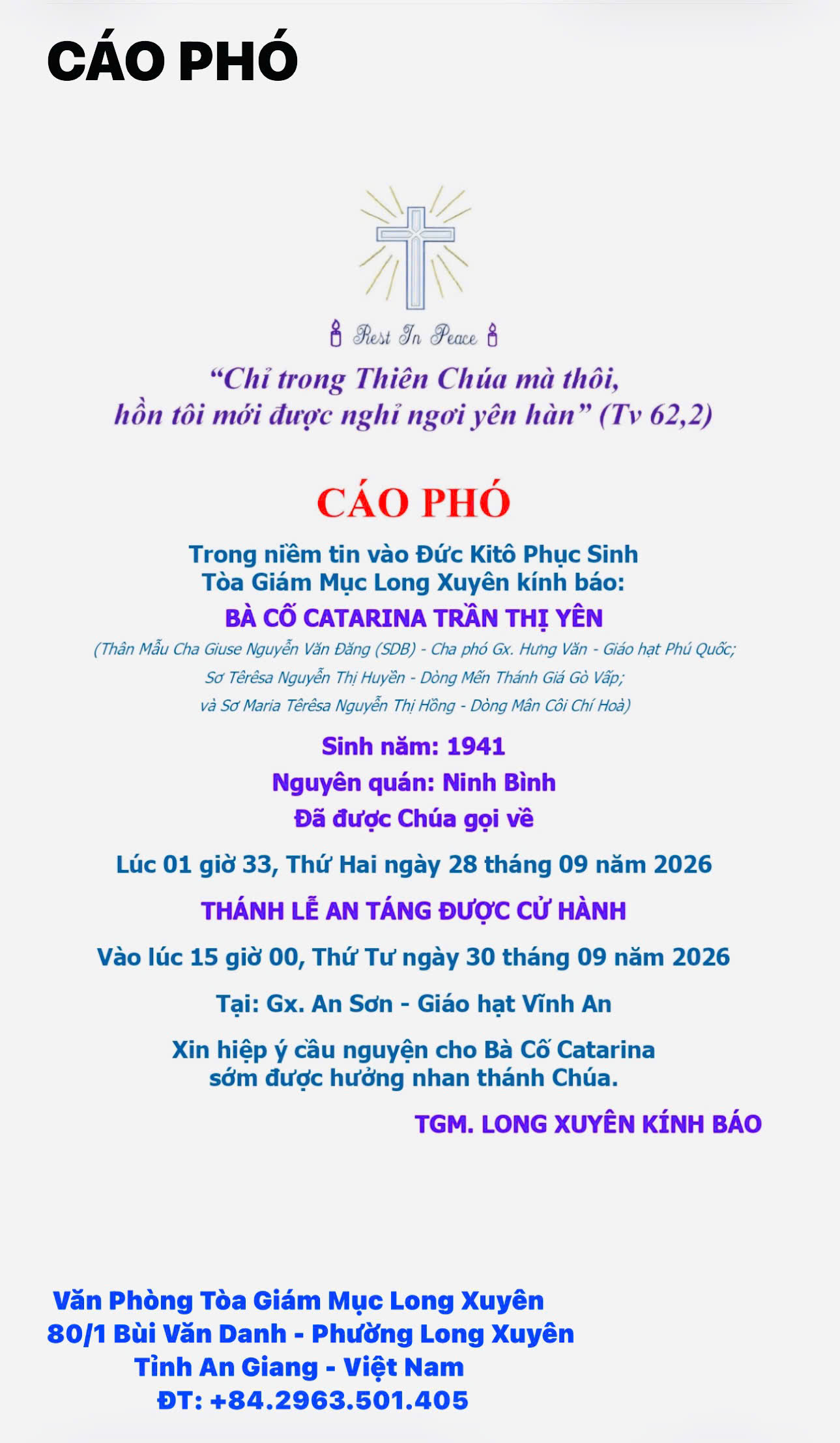 Cáo phó: linh hồn Bà Cố Catarina Trần Thị Yên mới qua đời 